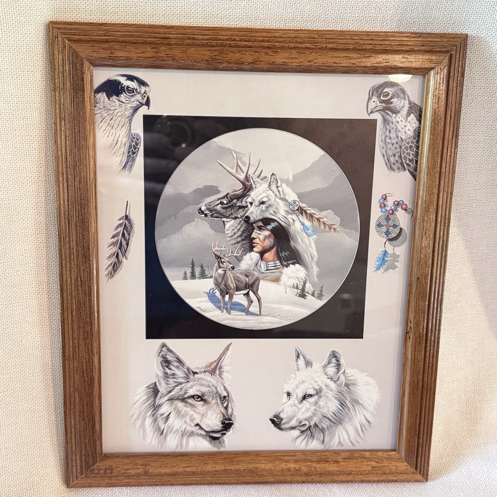 1996 GARY AMPEL Native American Chief Print Framed Wolves Birds Dreamcatcher VTG